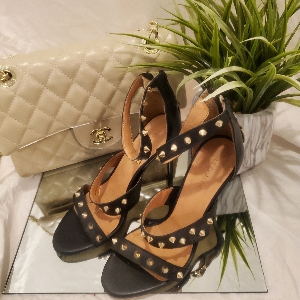 Le Château Spikey Studded Black And Gold Heels w/ Ankle Straps, & Zipper Closure - Picture 4 of 7